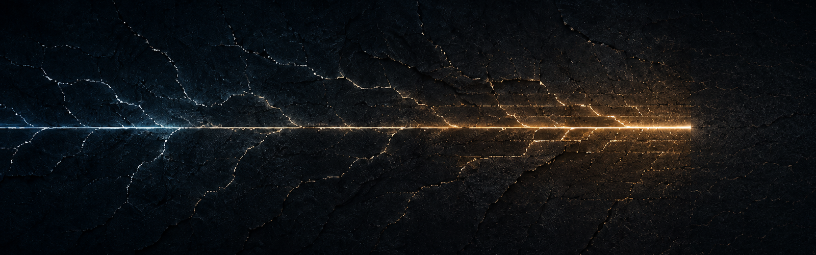 A thin blue-gold line crosses dark cracked ground and stops precisely at an unreadable boundary — the discipline of arriving at the limit without overclaiming.