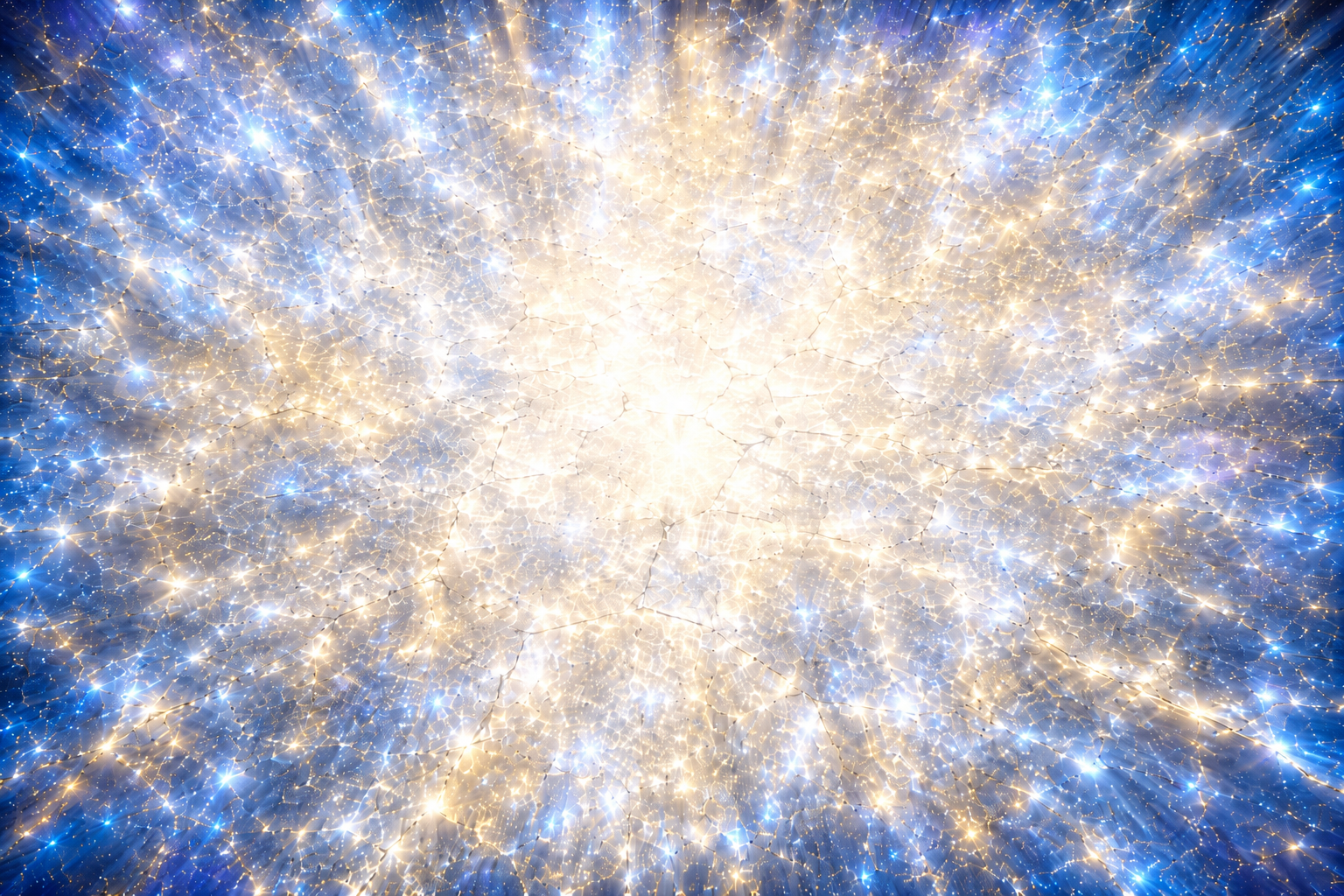 A radiant white-gold burst expands outward into blue light.