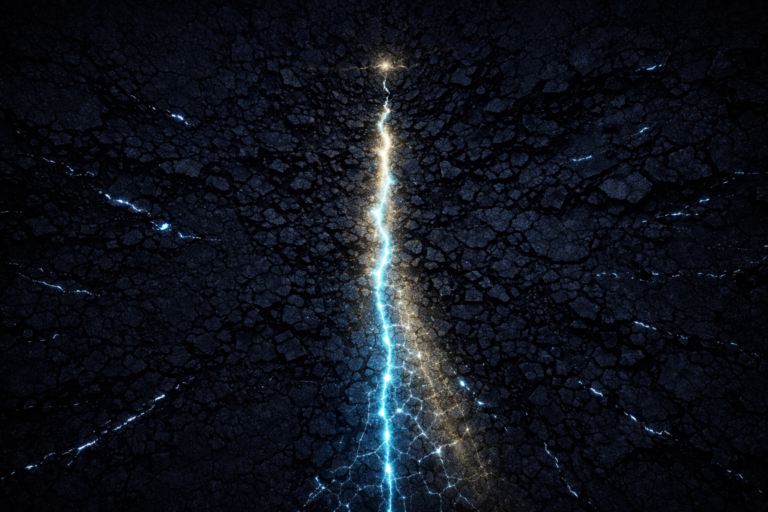 A bright vertical fissure of blue and gold light divides dark cracked terrain.