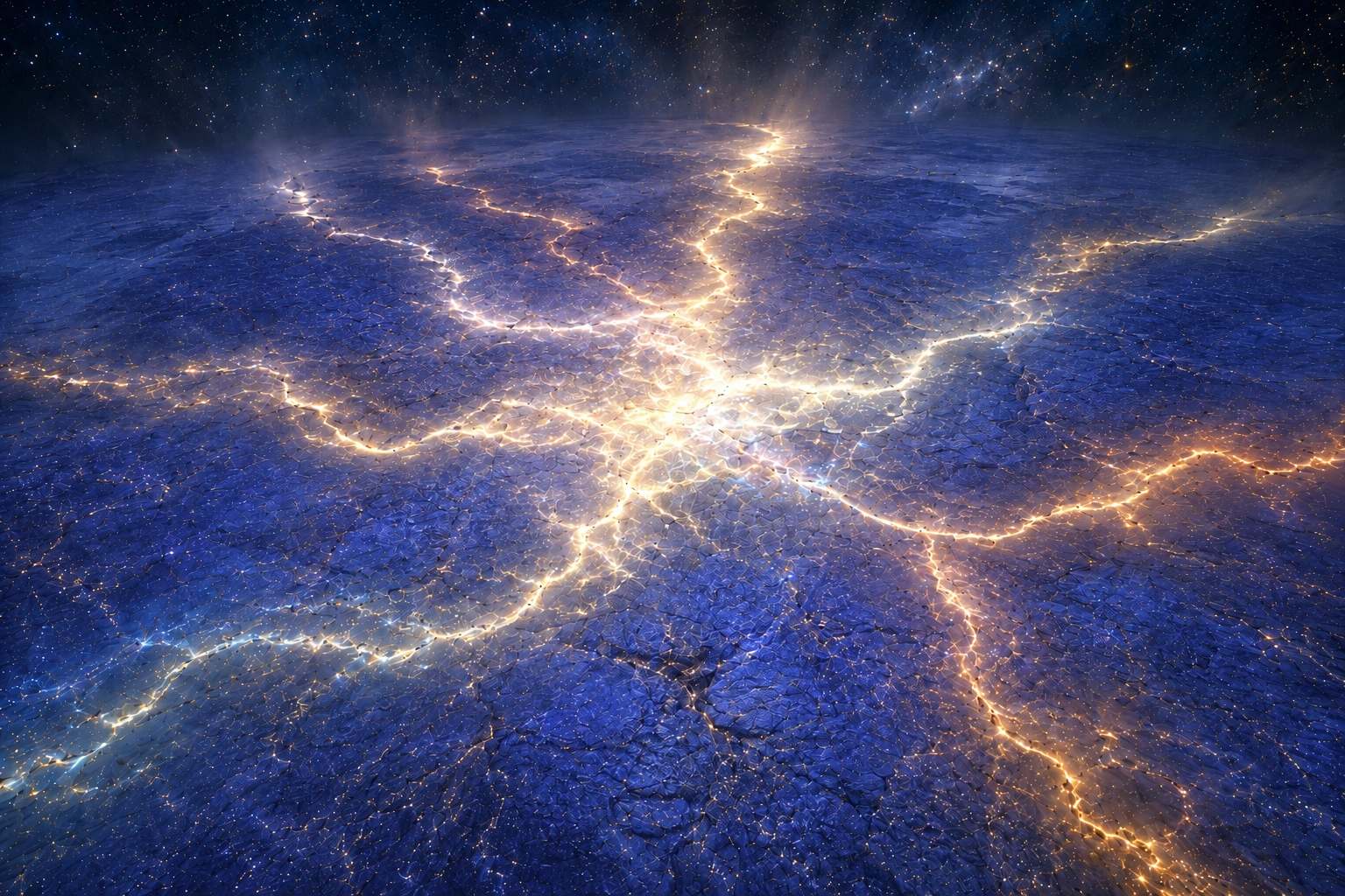 Branching gold paths spread across a blue-violet landscape and converge near the center.