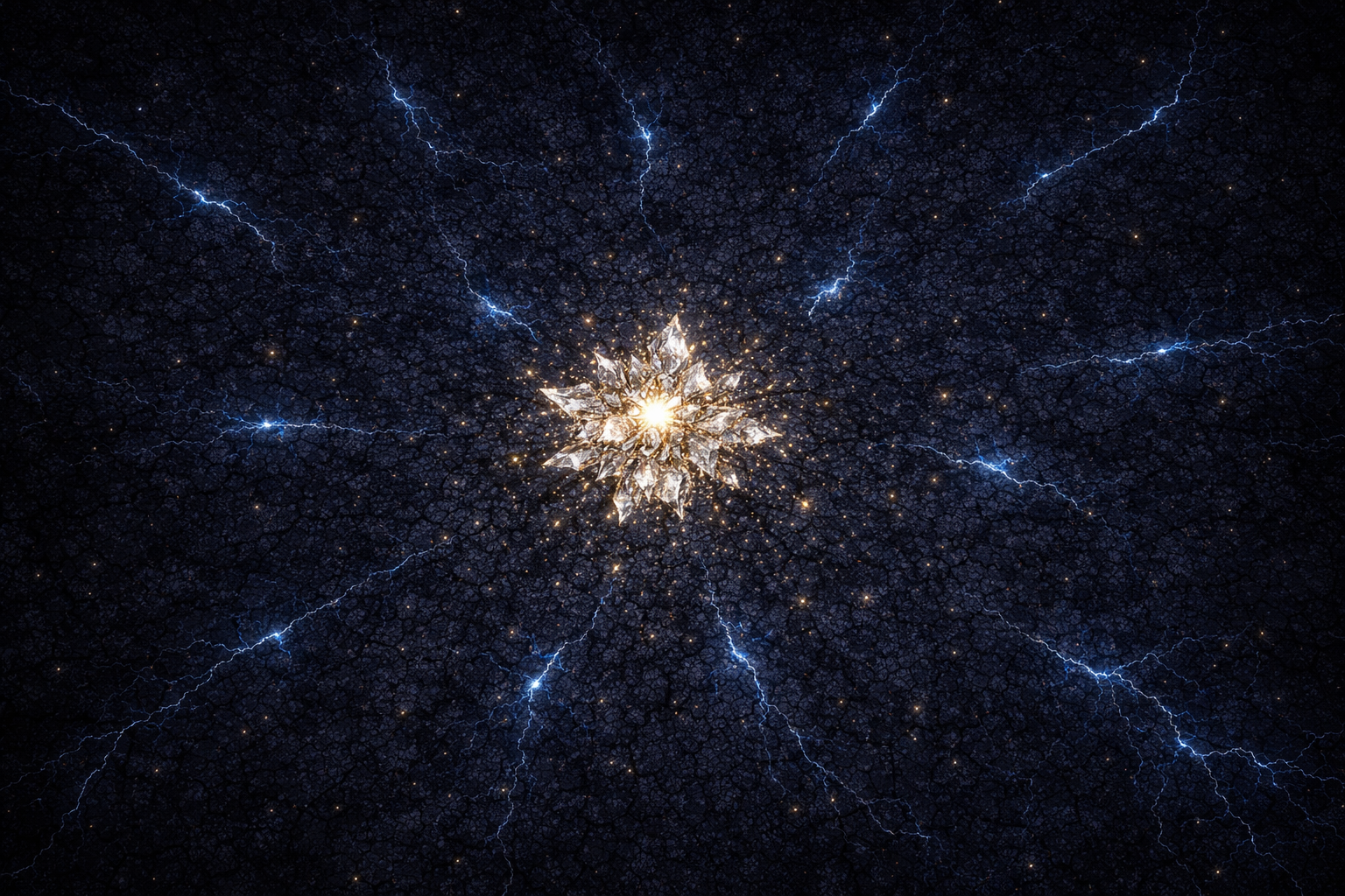 A bright gold cluster radiates into blue branching lines across a dark field.