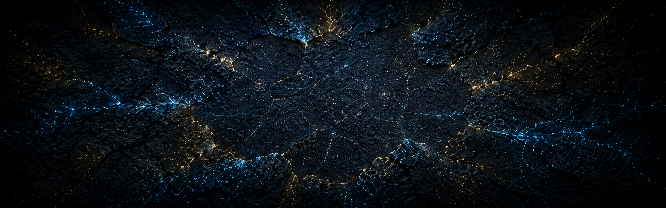 Blue and gold fractured patterns radiate symmetrically from a dark central seam.
