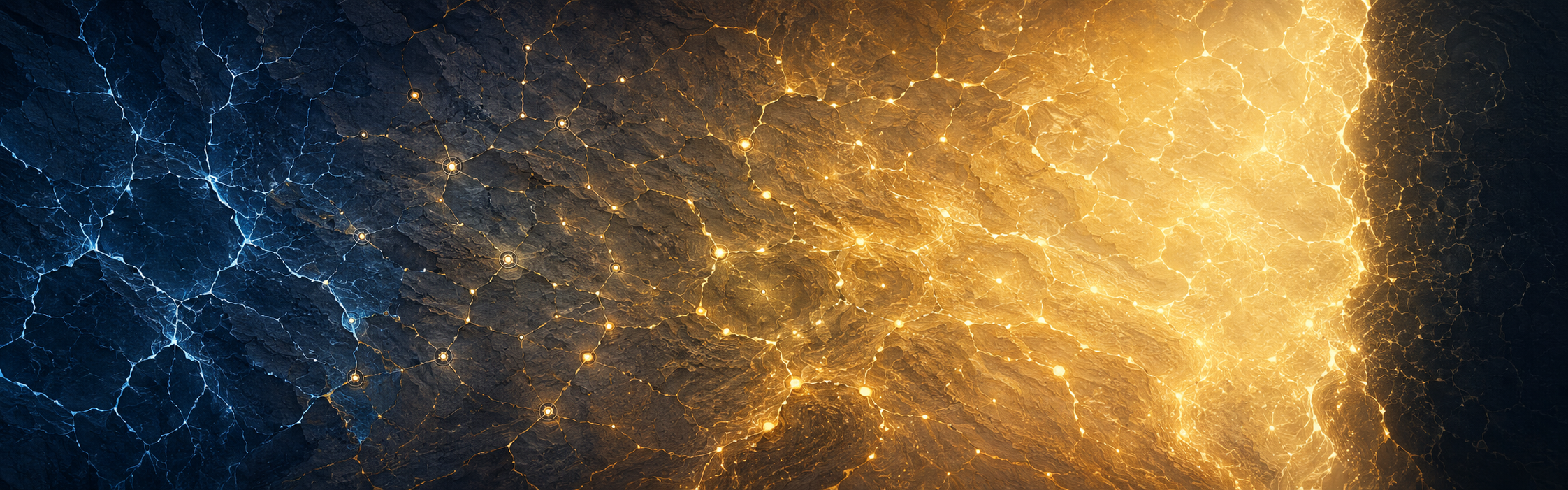 Layered cracked terrain shifts from blue formal structure through gold measurement nodes to a luminous boundary edge — a map of claim strengths.
