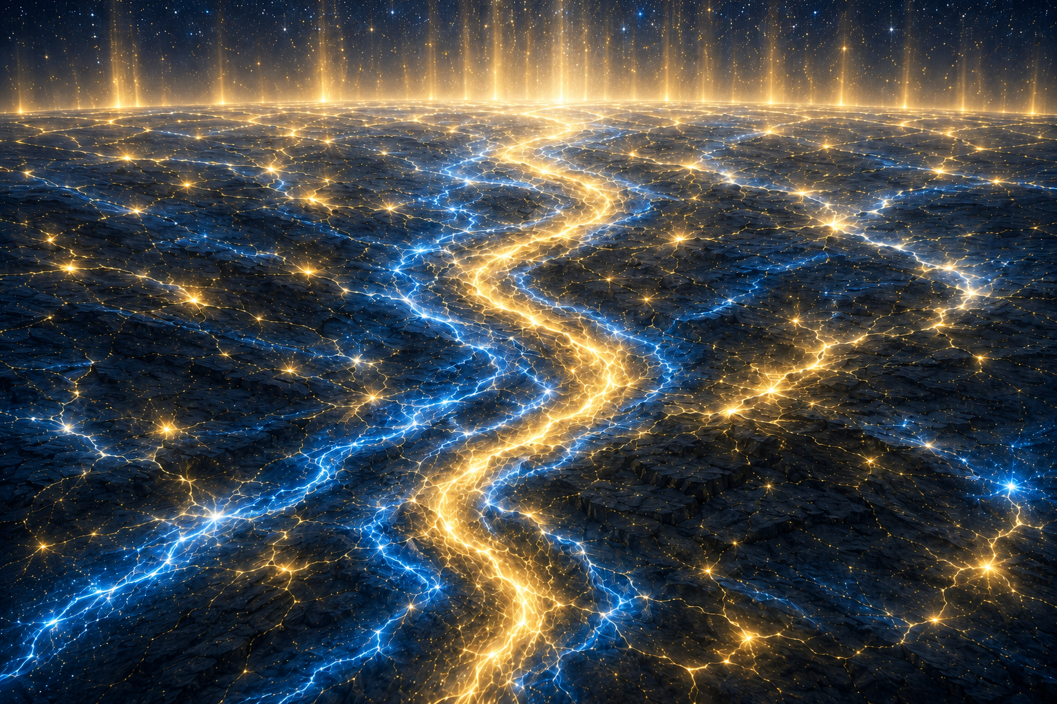Blue and gold currents wind together through dark cracked terrain, representing genuine seeking and structural intelligence moving in the same direction.