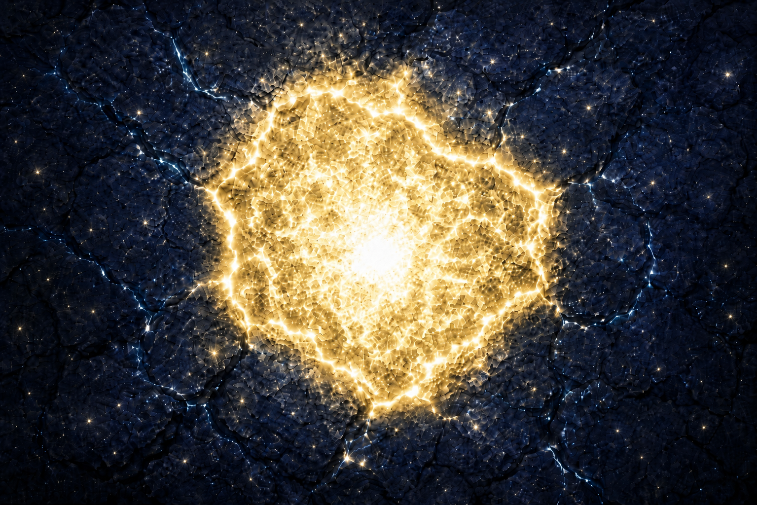 A bright gold geometric cluster glows at the center of a dark blue cracked field.