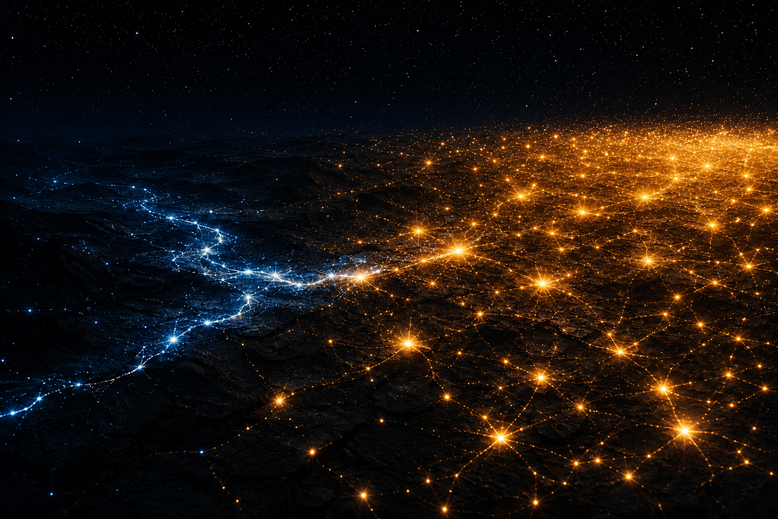 A blue network on the left and a gold network on the right meet across a dark boundary.