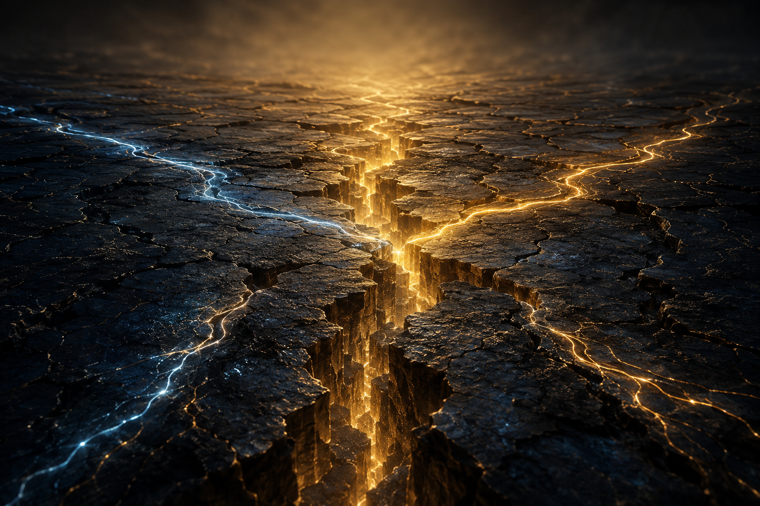 A glowing gold fissure opens through dark terrain, edged by a thin blue line.