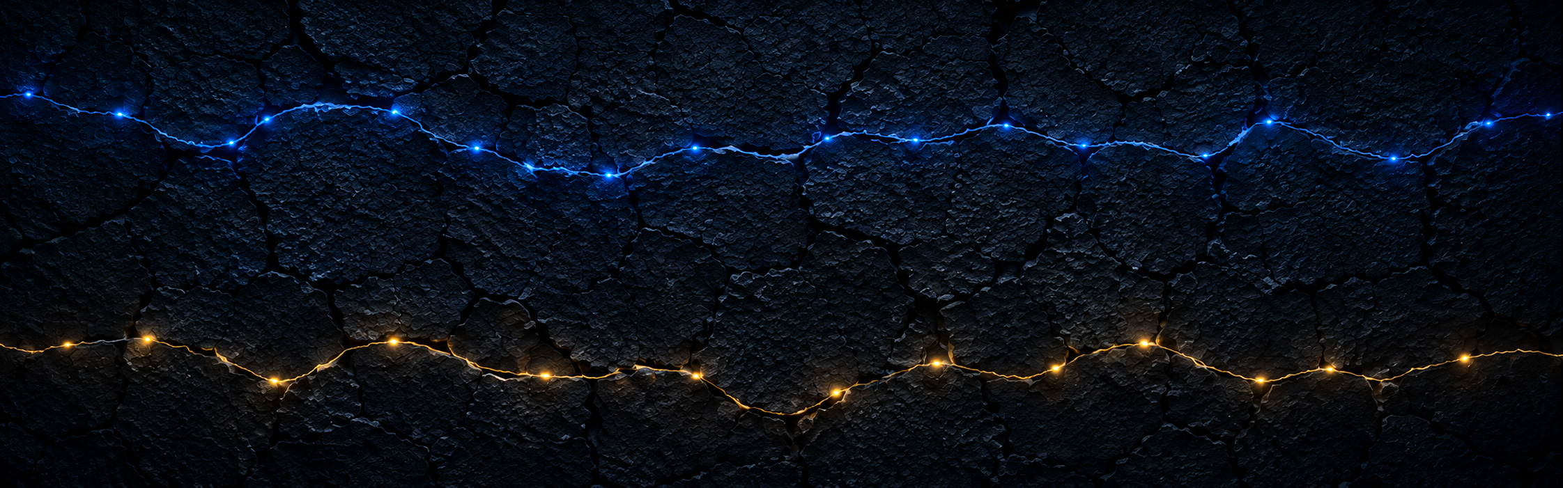 Blue and gold branching waveforms run in parallel across a dark field.