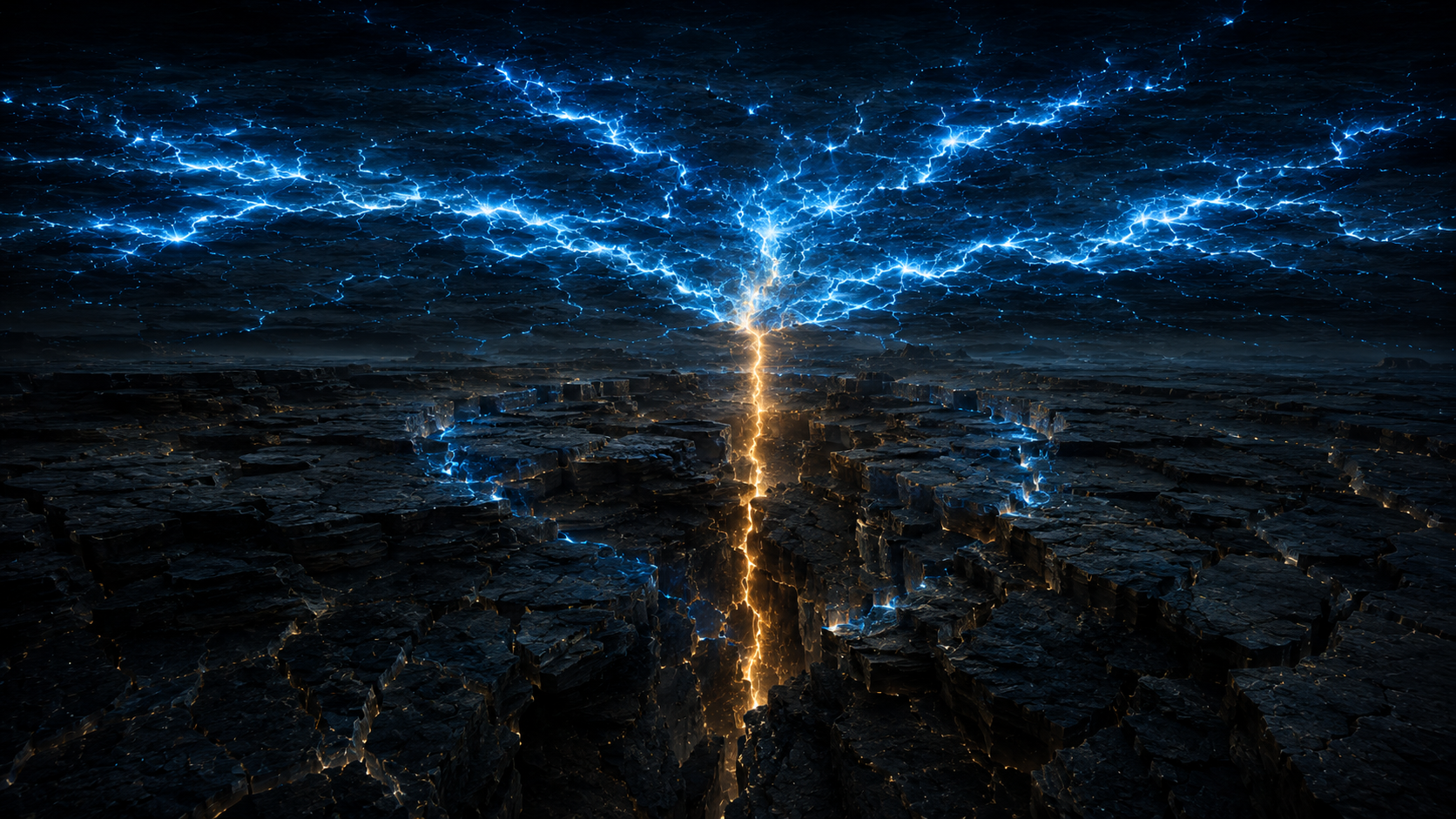 Blue branching light converges on a narrow gold fissure across a dark landscape.