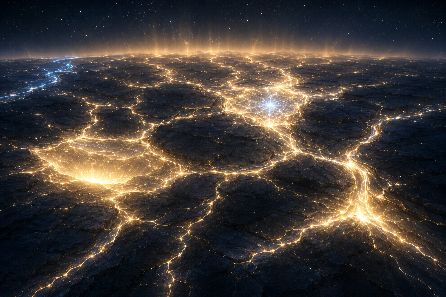 Interconnected gold loops and nodes form a luminous network across dark terrain.