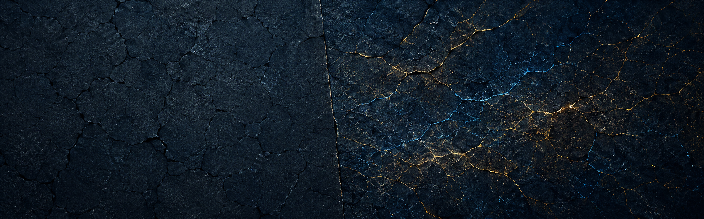 Blue-lit and gold-lit cracked terrain meet at a central boundary.