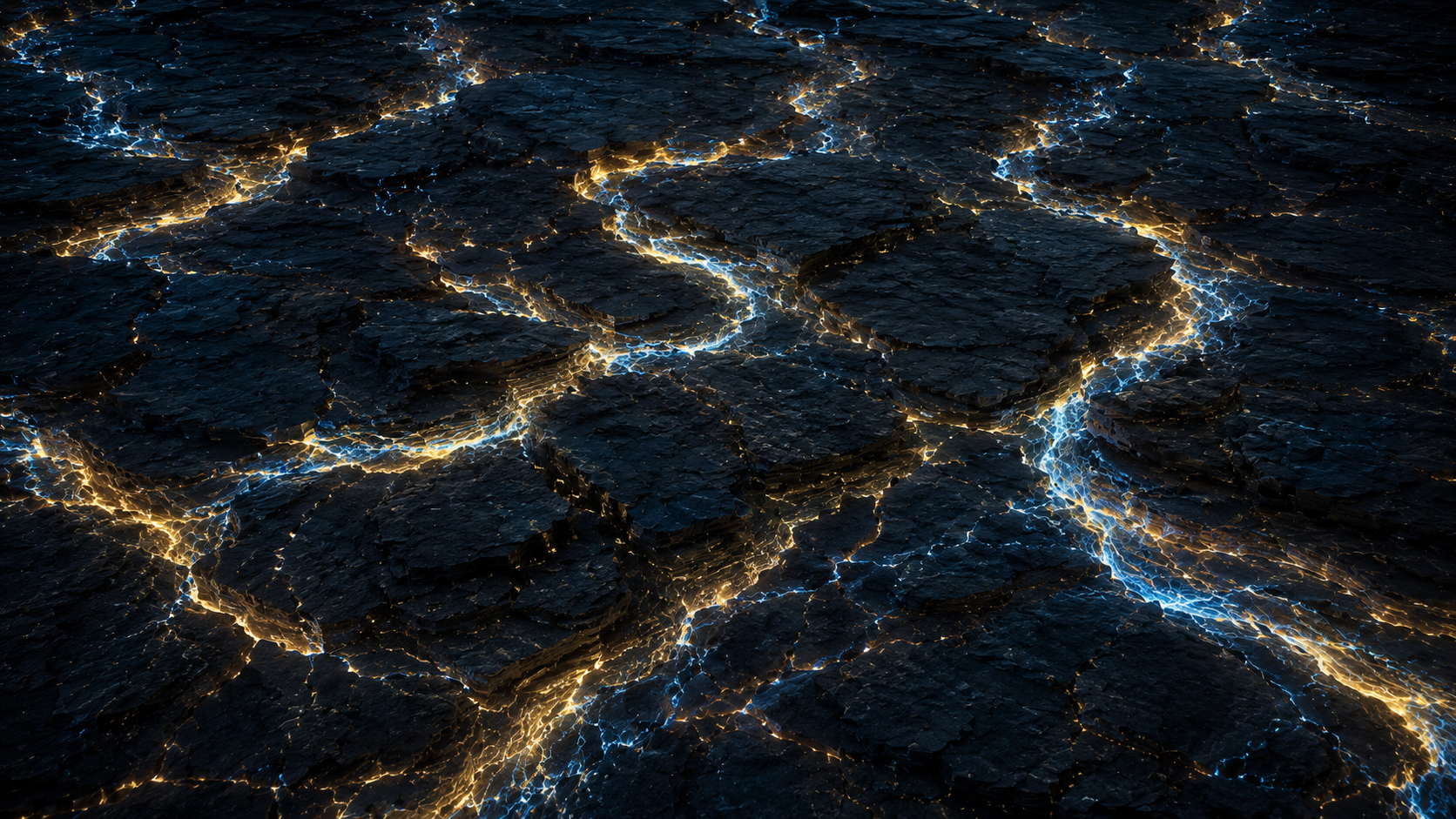 Gold branching fissures spread across dark cracked terrain.