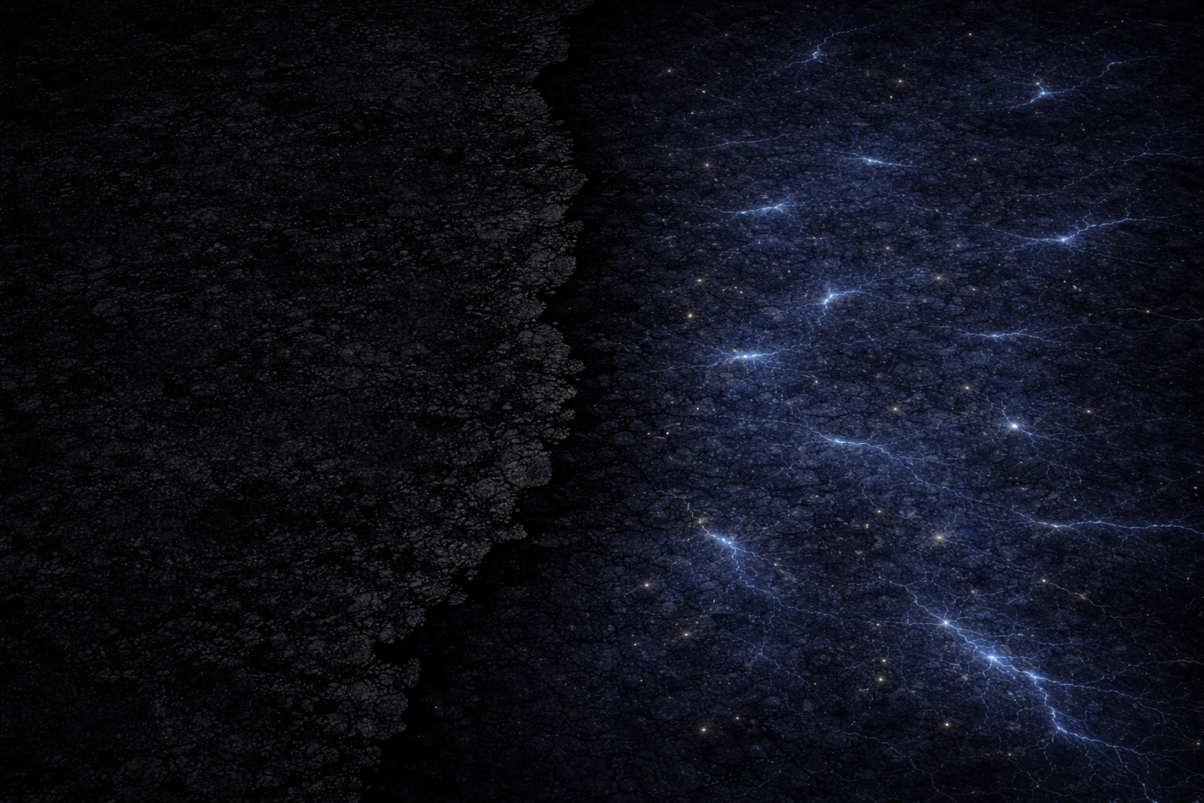 A dark cracked mass on the left meets a luminous blue branching network on the right.