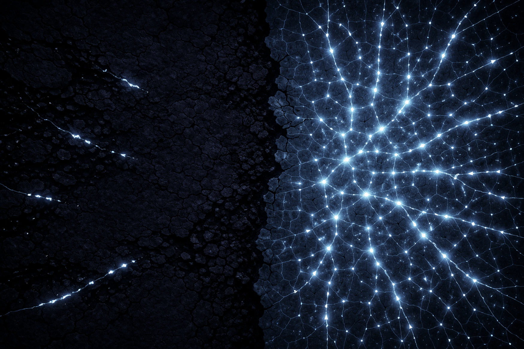 A dark cracked boundary on the left meets a dense blue-white branching network on the right.