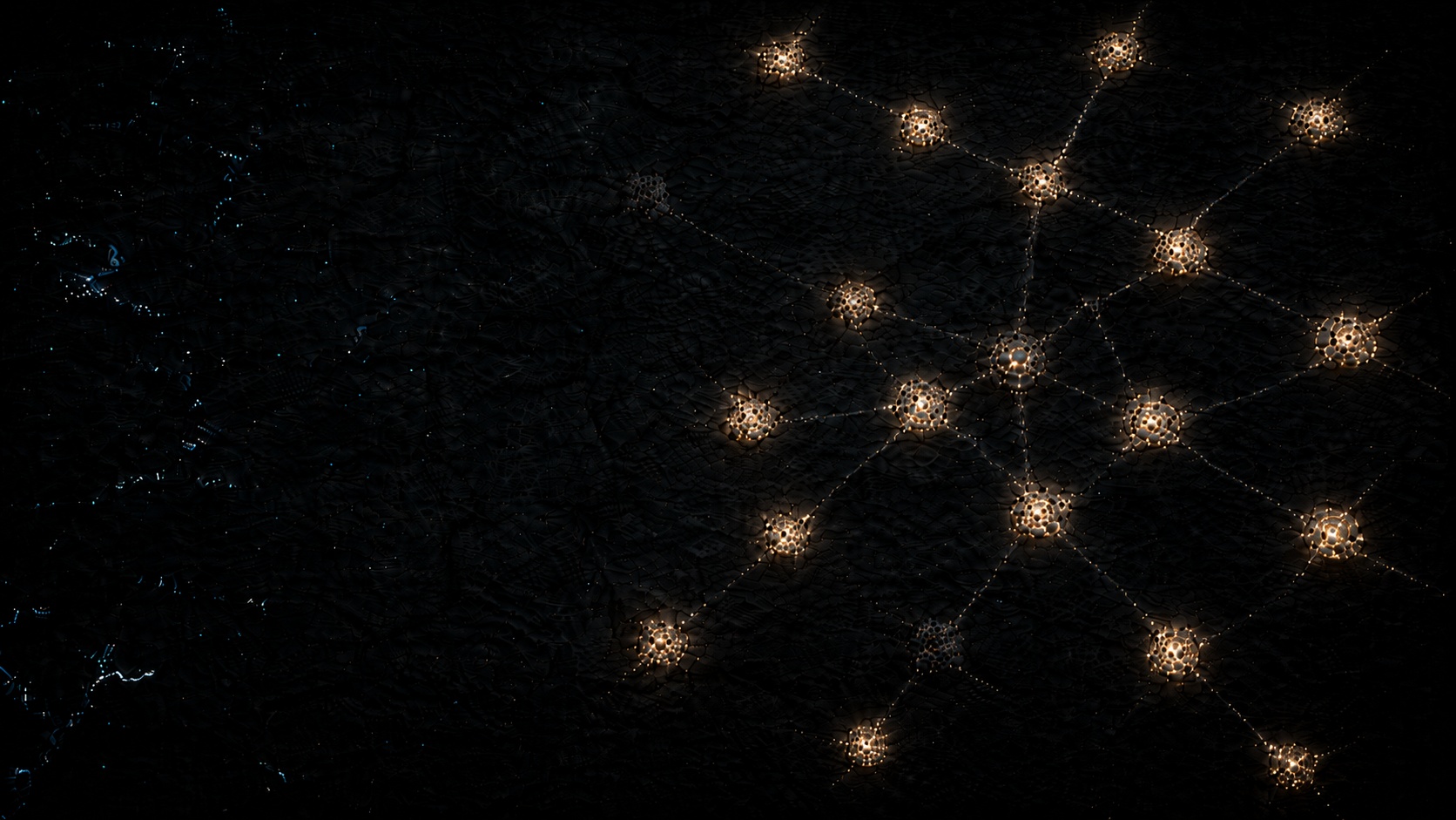 Sparse gold points form a faint network against a dark blue-black field.