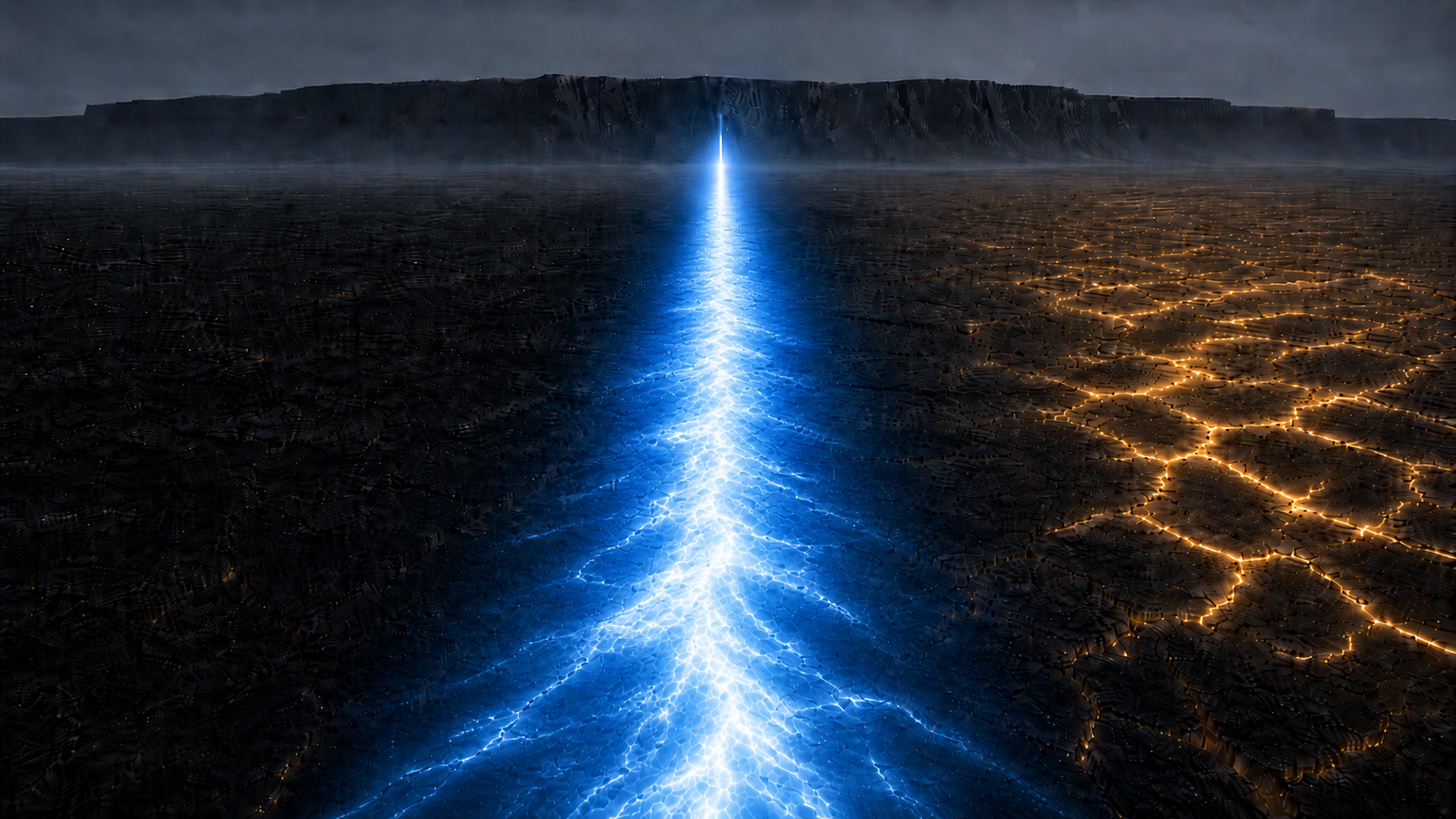 A glowing blue path cuts through a cracked dark landscape toward a distant wall, symbolizing an AI race accelerating toward an unexamined destination.