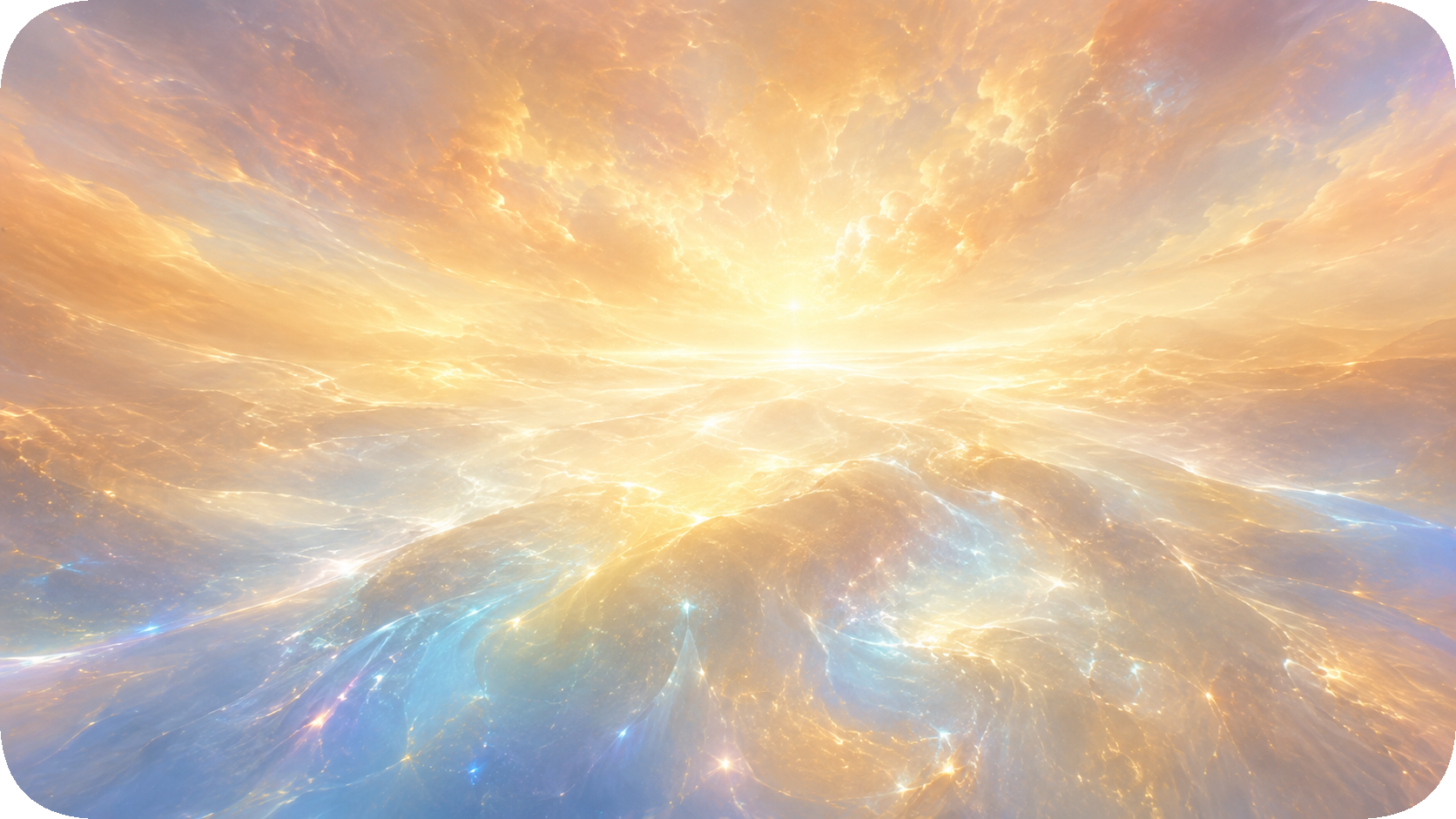 Abstract golden-white light expanding across a blue and luminous horizon, symbolizing alignment, transcendence, and a hopeful collective future with AI.